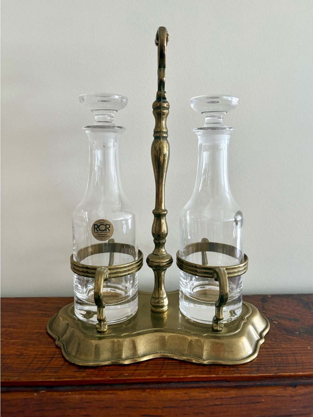 Royal Cristal Rock Double Decanter Set with Brass Stand - Clear and Gold
